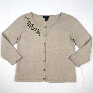 Vintage Ann Taylor Embroidered Cotton Cardigan Heather Oatmeal 90s Small